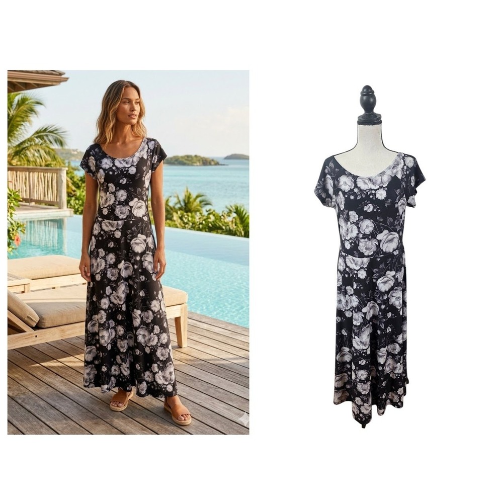LBisse Maxi Dress Women‎ XL Black White Floral Short Sleeve Stretch Casual